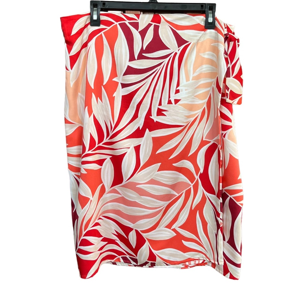 Ann Taylor Red Coral Tropical Leaf Sarong Wrap Midi Skirt Size 14 EUC